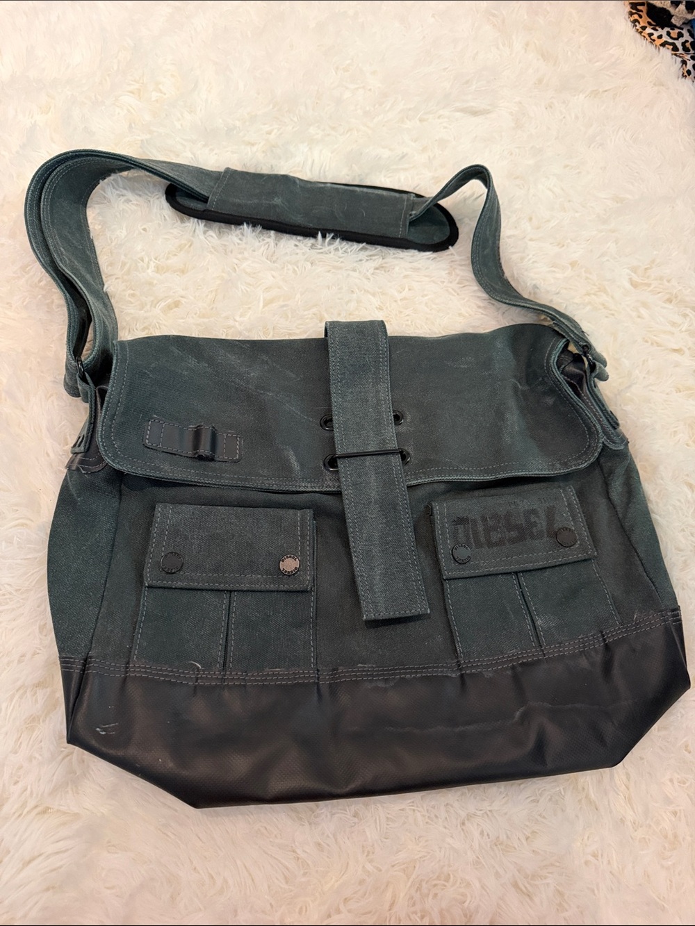 Diesel Dark Green Canvas Messenger Bag with Black Trim